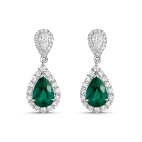 18K White Gold Pear Shape Emerald and Diamond Dangle Earrings