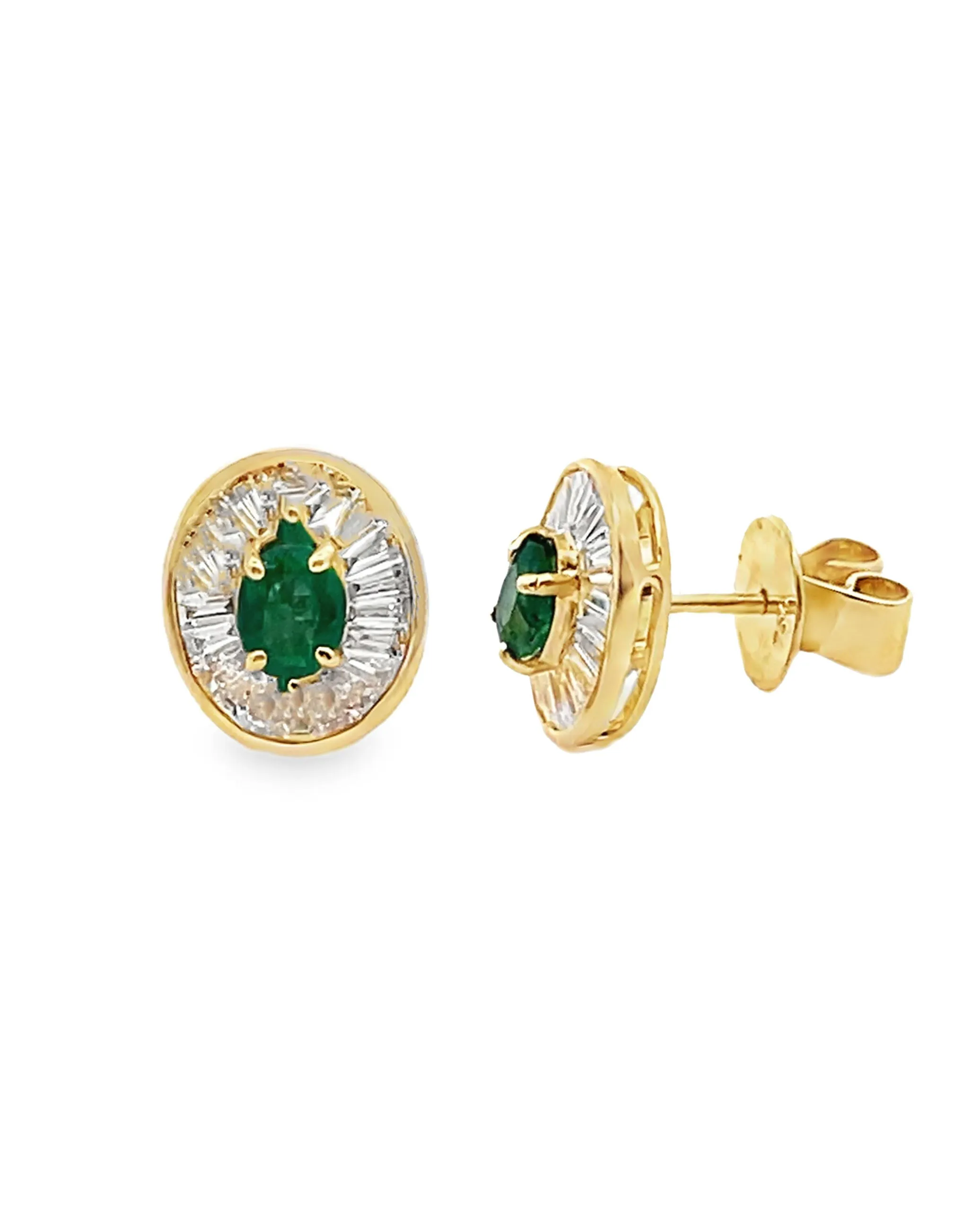 18K Yellow Gold Diamond and Emerald Stud Earrings