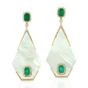 18KT Yellow Gold Diamond Emerald Geometric Pearl Dangle Earrings Dangle Earrings