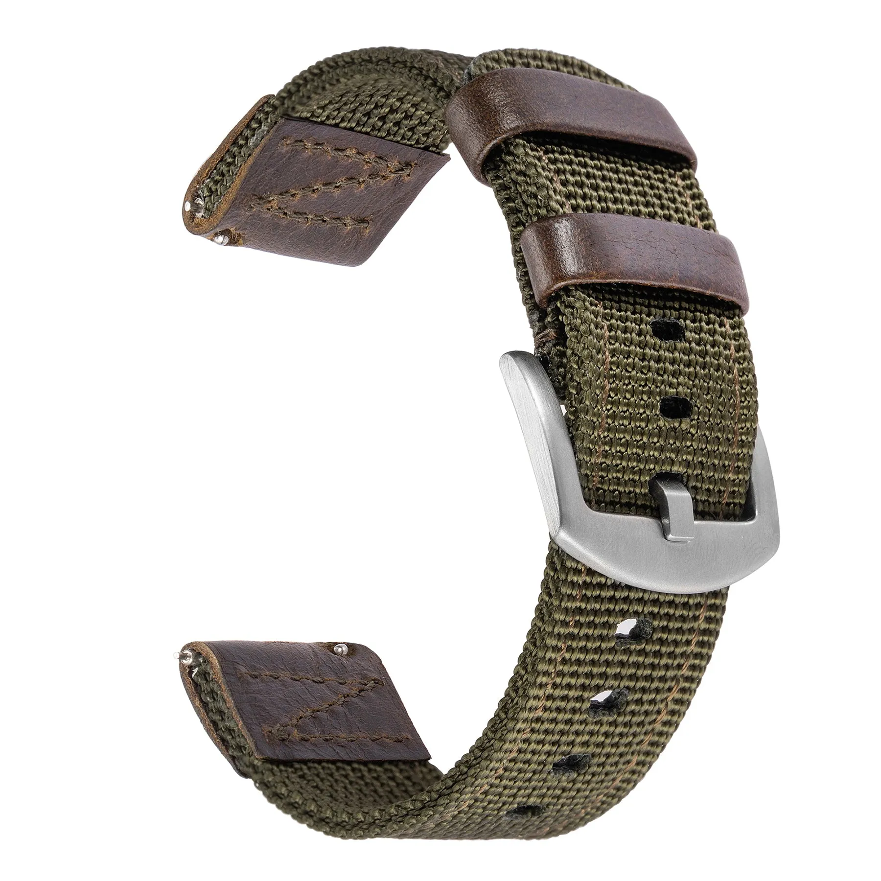 18mm 20mm 22mm Quick Release Leather Nylon Field Watch Strap - Dark Brown / Green