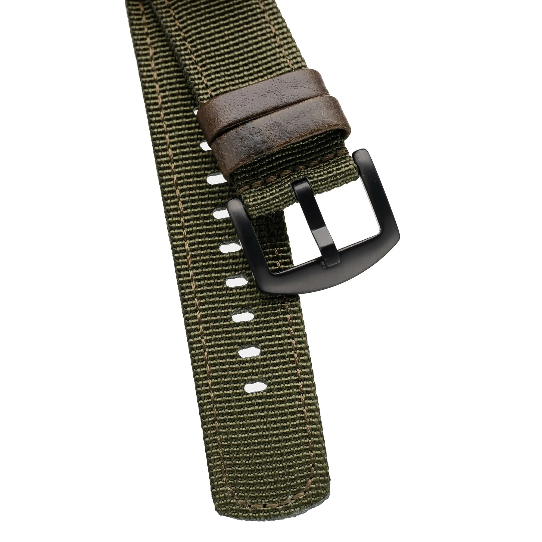 18mm 20mm 22mm Quick Release Leather Nylon Field Watch Strap - Dark Brown / Green