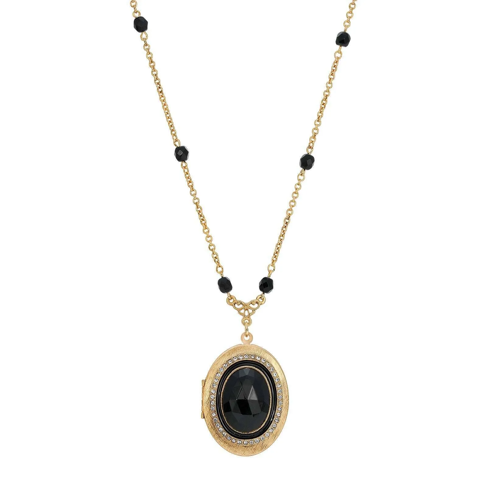 1928 Jewelry Soir̩e Jet Black Oval Stone Locket Necklace 30"