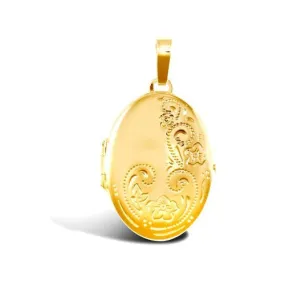 2 Picture Oval Engraved Locket Pendant Necklace in 9ct Yellow Gold