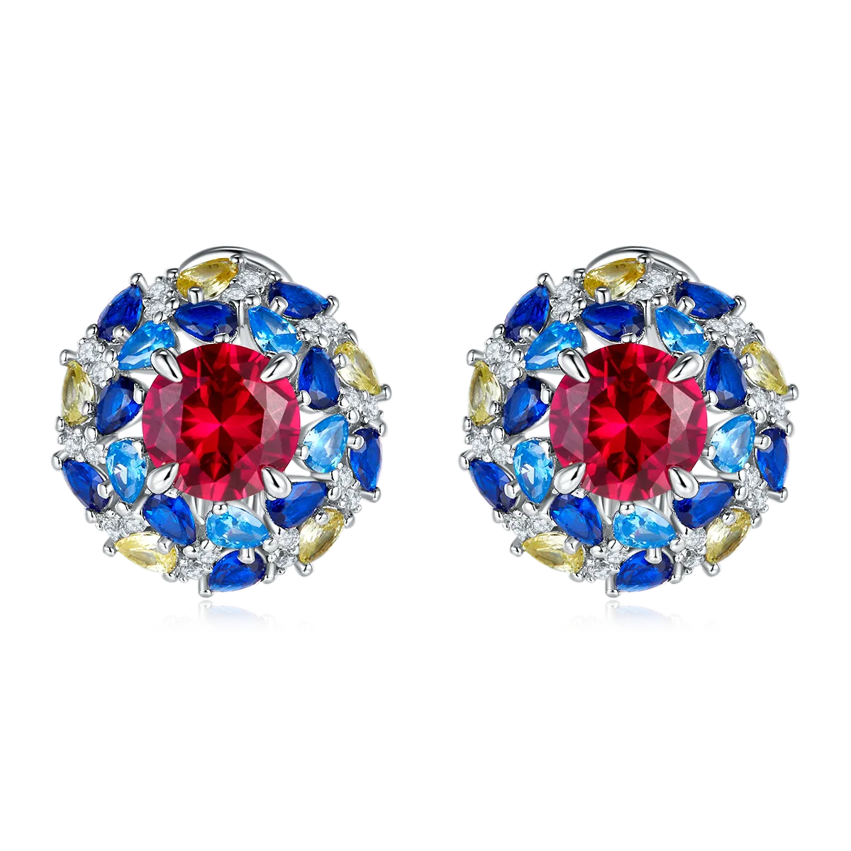 2.0 Carat Round Lab-Created Ruby Stud Earrings with Double-Layer Colored Halo in S925 Silver Plated Platinum