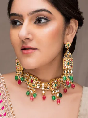 22K Gold-Plated Multicolor Kundan Choker Set with Red, Green, and White Beads