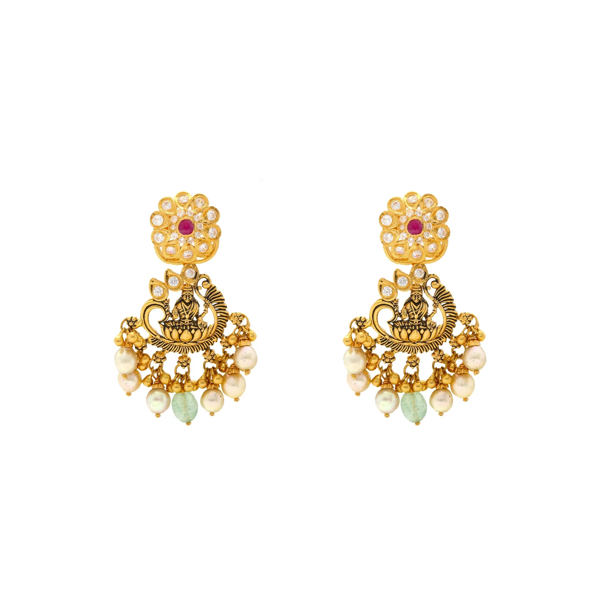 22K Yellow Gold & Gem Temple Chandbali Earrings (21.6gm)