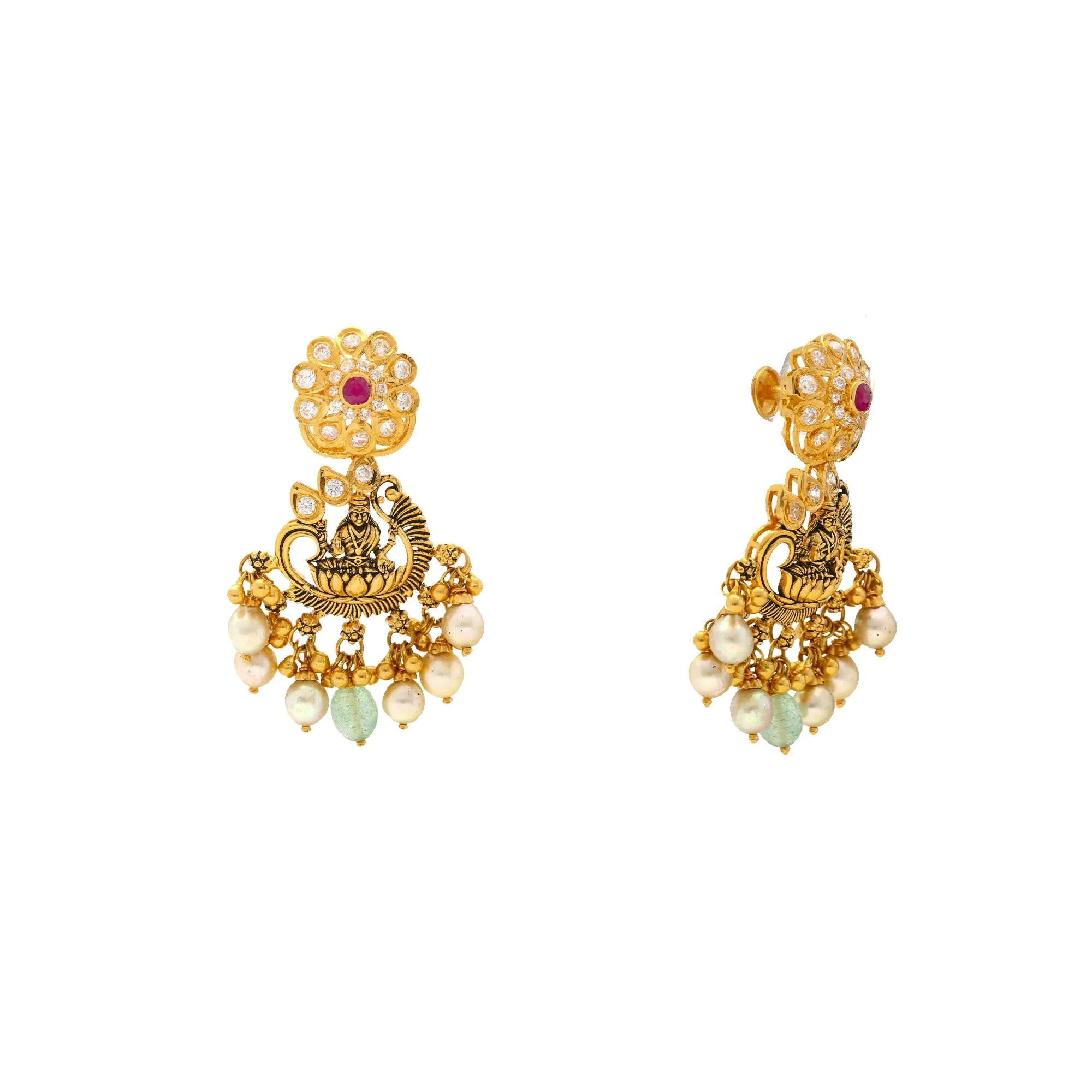 22K Yellow Gold & Gem Temple Chandbali Earrings (21.6gm)