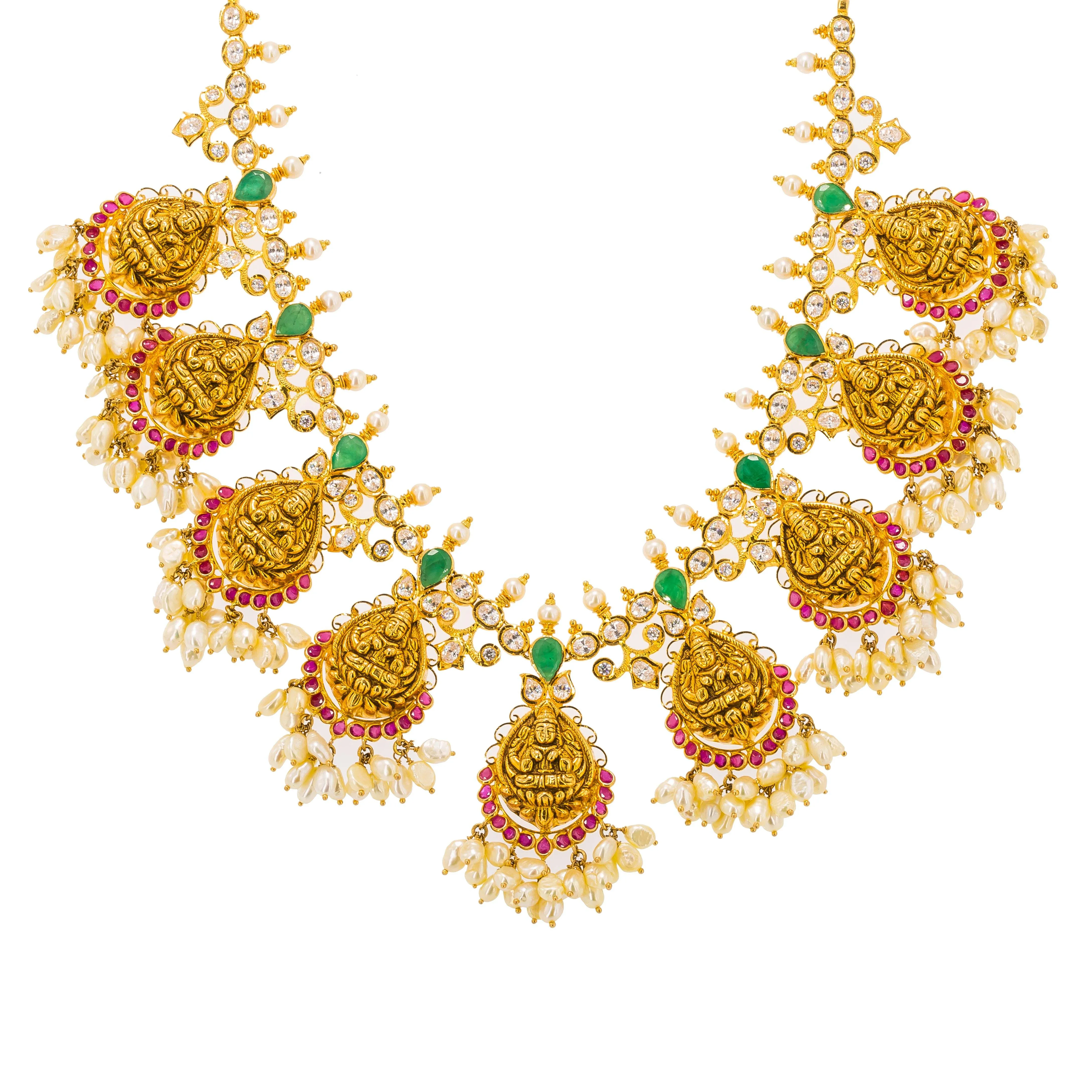 22K Yellow Gold Guttapusalu Necklace & Earrings Set W/ Rubies, Emeralds, CZ Gems, Pearls & Laxmi Accents