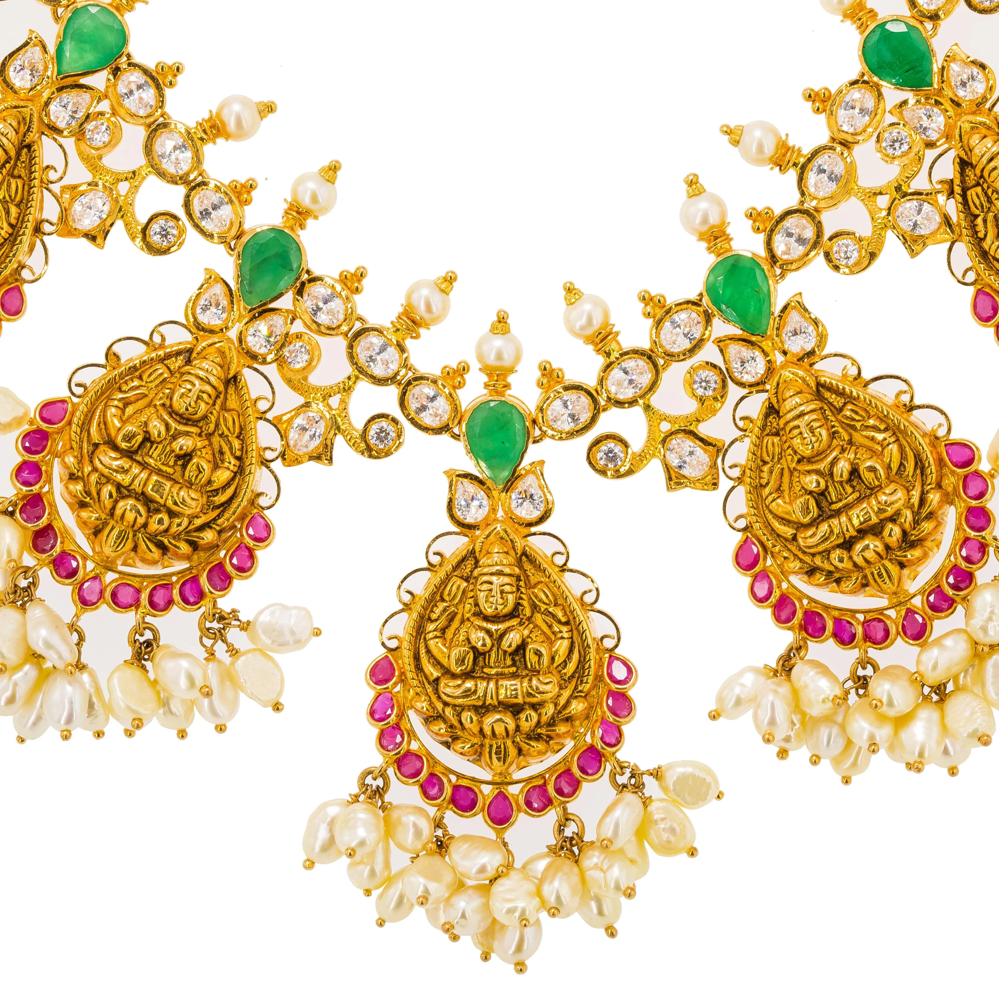 22K Yellow Gold Guttapusalu Necklace & Earrings Set W/ Rubies, Emeralds, CZ Gems, Pearls & Laxmi Accents