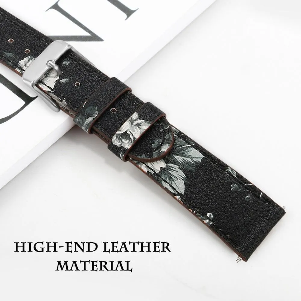 22mm Universal cowhide genuine leather watch strap - Black / White Flower