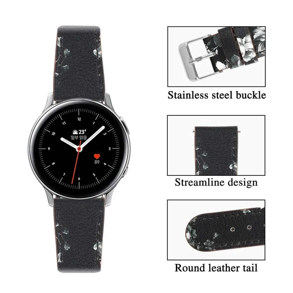 22mm Universal cowhide genuine leather watch strap - Black / White Flower