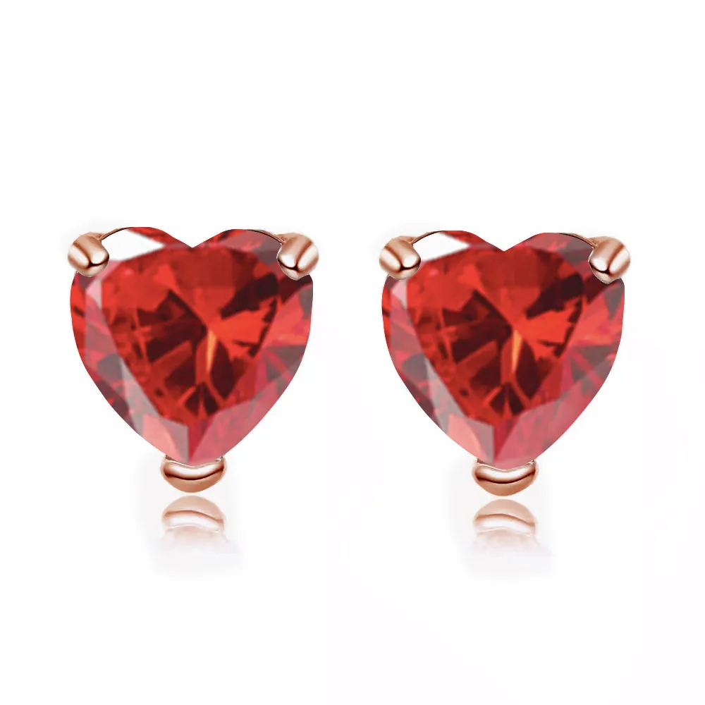 24k Rose Gold Plated 4 Carat Heart Created Ruby Stud Earrings