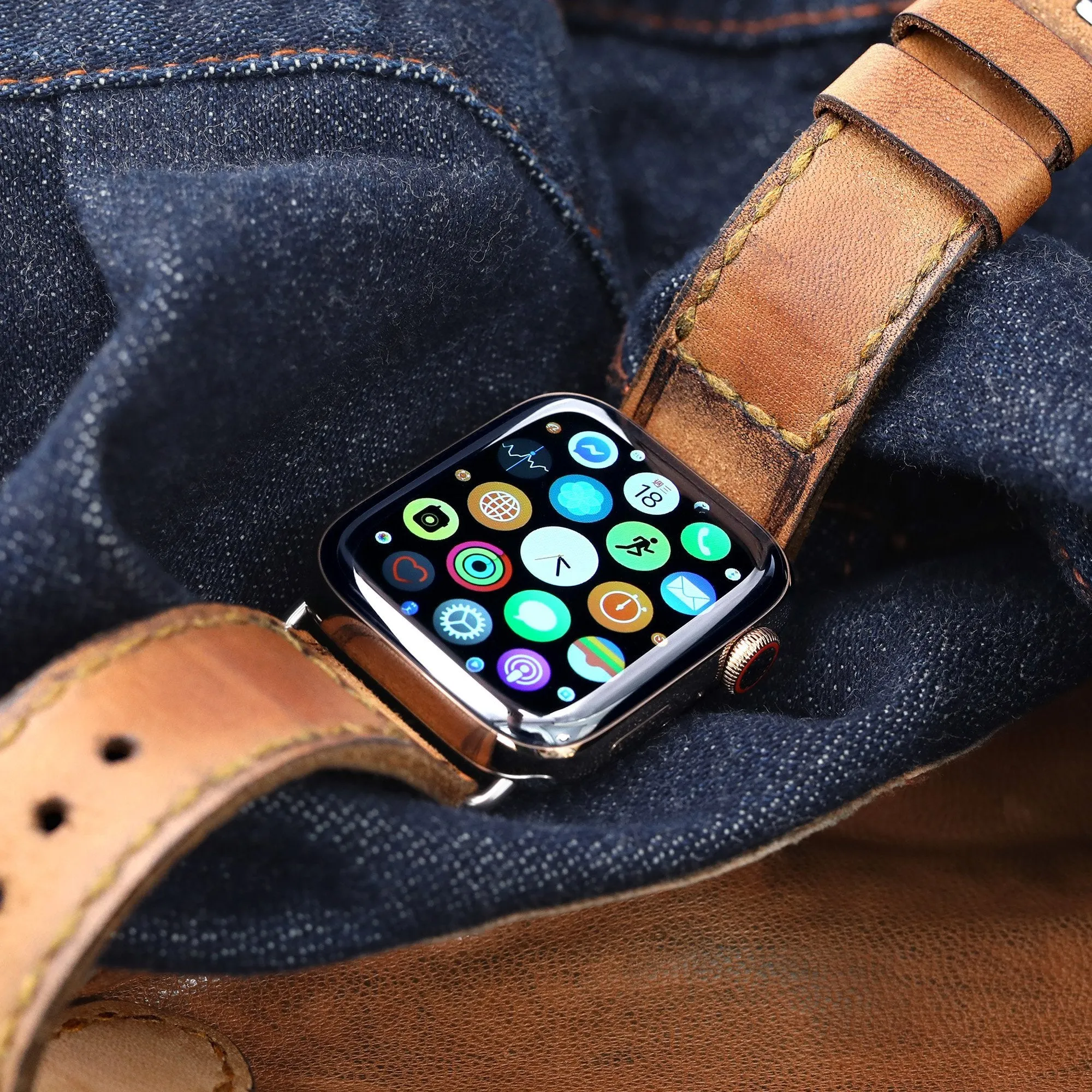 24mm Light Brown Handmade Watch Band compatible with Apple Watch 42/44mm, Quick Release pins