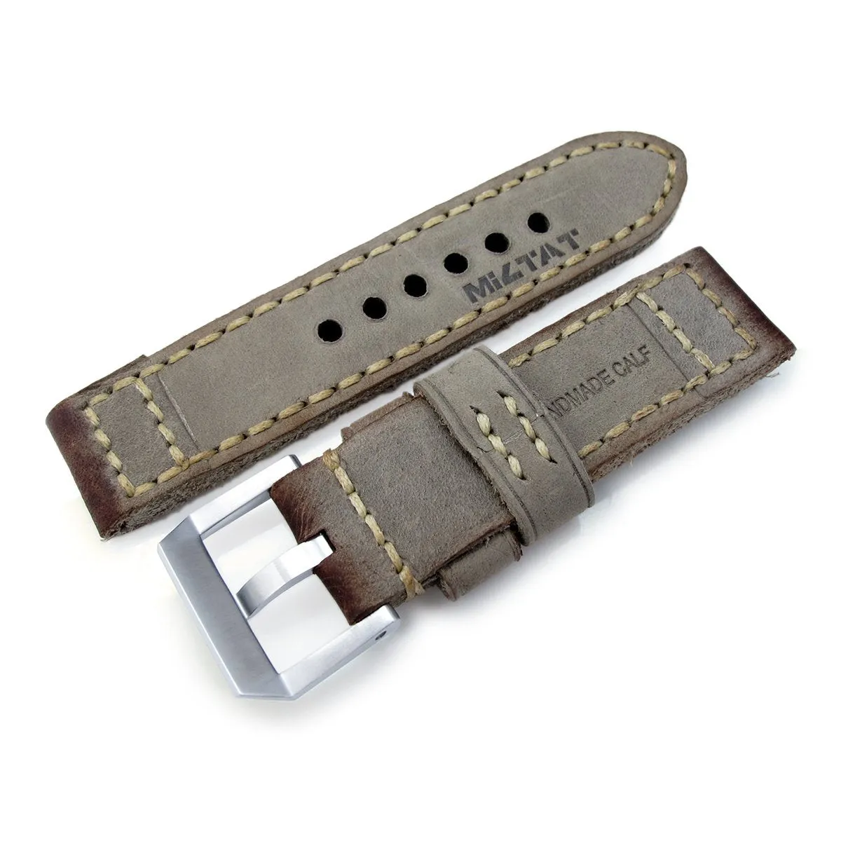 24mm MiLTAT Handmade Vintage Calf Leather Watch Band, Hand Painted Grey, Hand Stitches