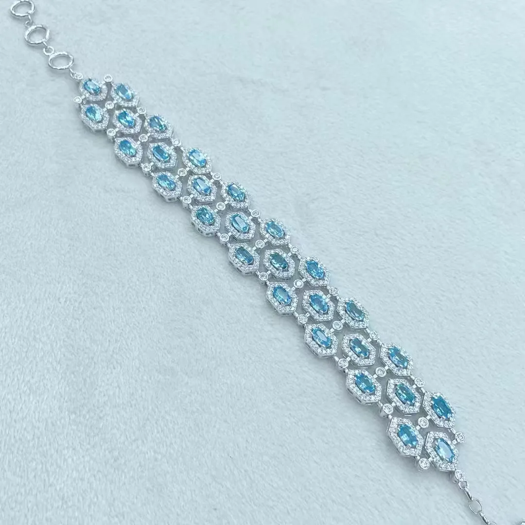 3 Rows Blue Topaz Bracelet 925 Silver WithNatural Stone Bracelet OT Clasp