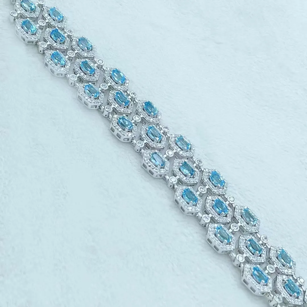 3 Rows Blue Topaz Bracelet 925 Silver WithNatural Stone Bracelet OT Clasp