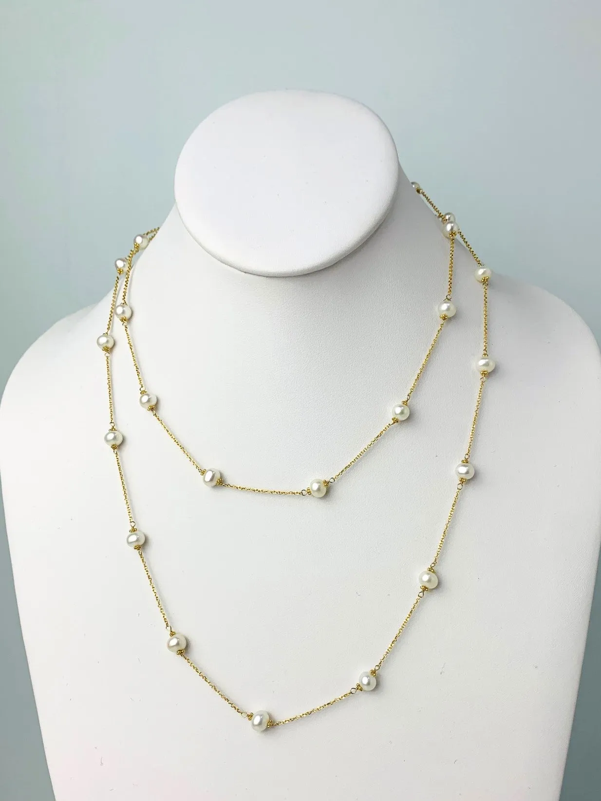 36"-38" White Pearl Station Necklace With Rondelle Accents in 14KY - NCK-628-TNCPRL14Y-WH