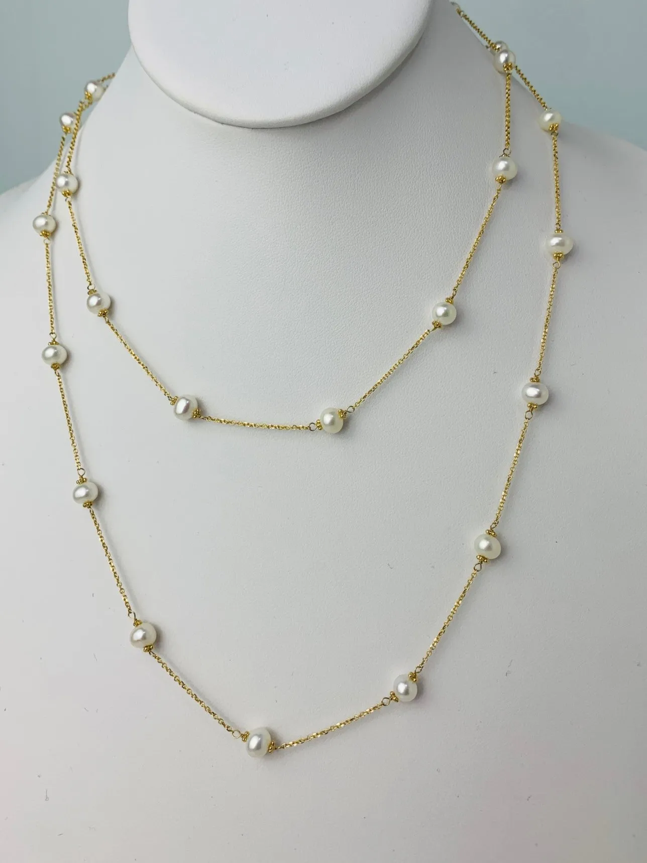 36"-38" White Pearl Station Necklace With Rondelle Accents in 14KY - NCK-628-TNCPRL14Y-WH