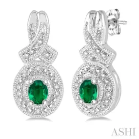 4x3  MM Oval Cut Emerald and 1/20 ctw Single Cut Diamond Earrings in Sterling Silver