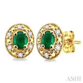 4x3mm Oval Shaped Emerald and 1/10 Ctw Single Cut Diamond Earrings in 10K Yellow Gold