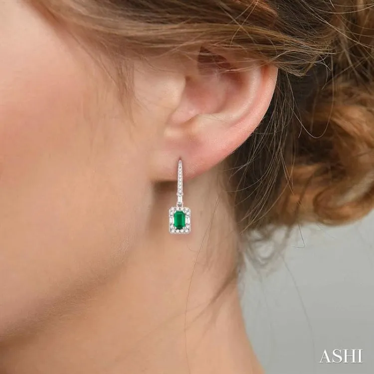 5x3 MM Octagon Cut Emerald and 1/2 Ctw Round Cut Diamond Earrings in 14K White Gold