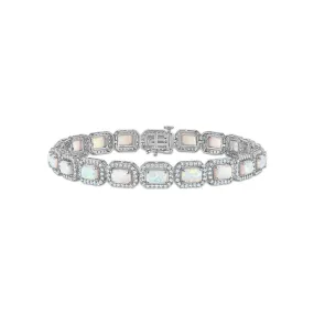 6X4MM Emerald Shape Opal and White Sapphire 7.5-inch Halo Tennis Bracelet in Rhodium Plated Sterling Silver