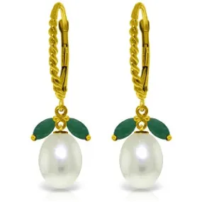 9 Carat 14K Solid Yellow Gold Leverback Earrings Emerald Pearl