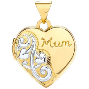 9ct 2 Tone Gold Love Heart Shaped Mum Locket Pendant Necklace