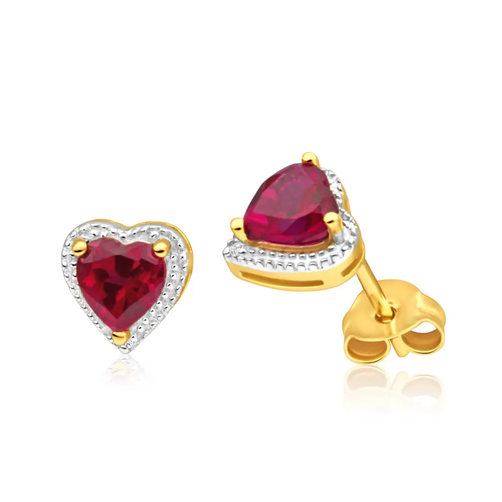 9ct Radiant Yellow Gold Created Ruby   Diamond Stud Earrings