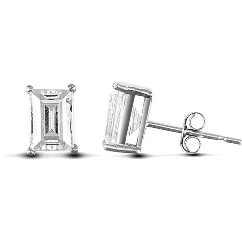 9ct White Gold 4 Claw Emerald Cut CZ Solitaire Stud Earrings 7x5mm