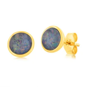 9ct Yellow Gold Triplet Opal 6mm Bezel Set Stud Earrings