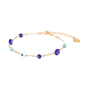 Adjustable gold plated bracelet with evil eyes