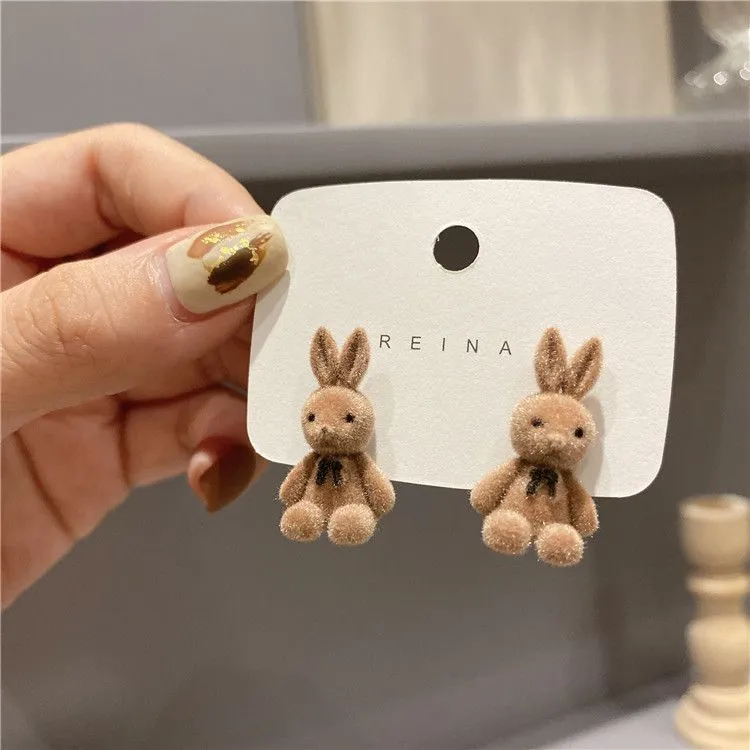 Aesthetic Fuzzy Flocking Cute Bunny Rabbit Stud Earrings