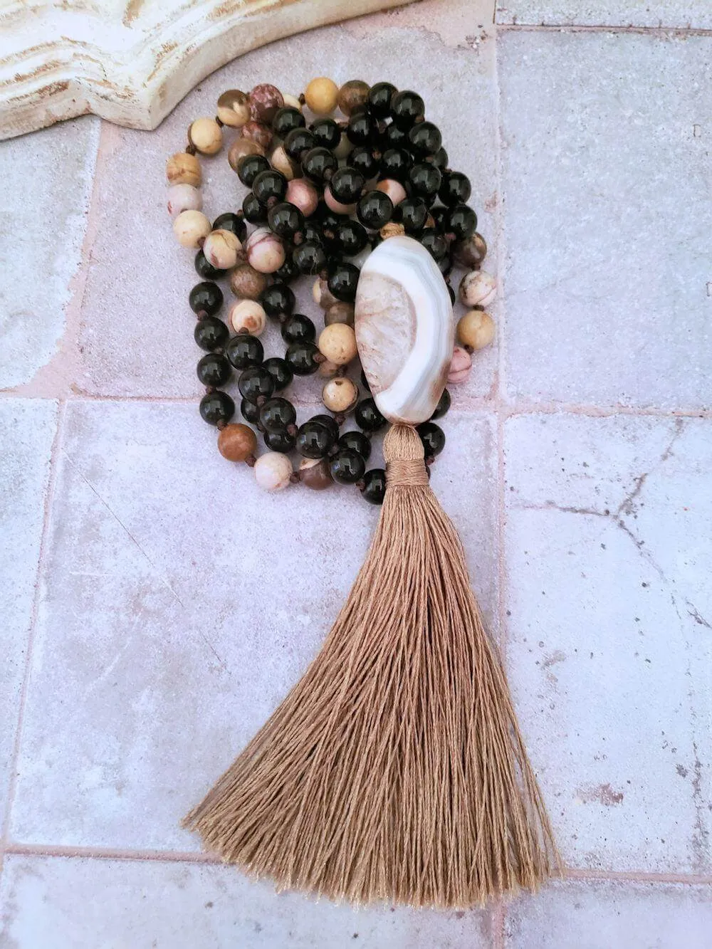 Agate Slice Mala Necklace - Onyx and Brown Zebra Jasper