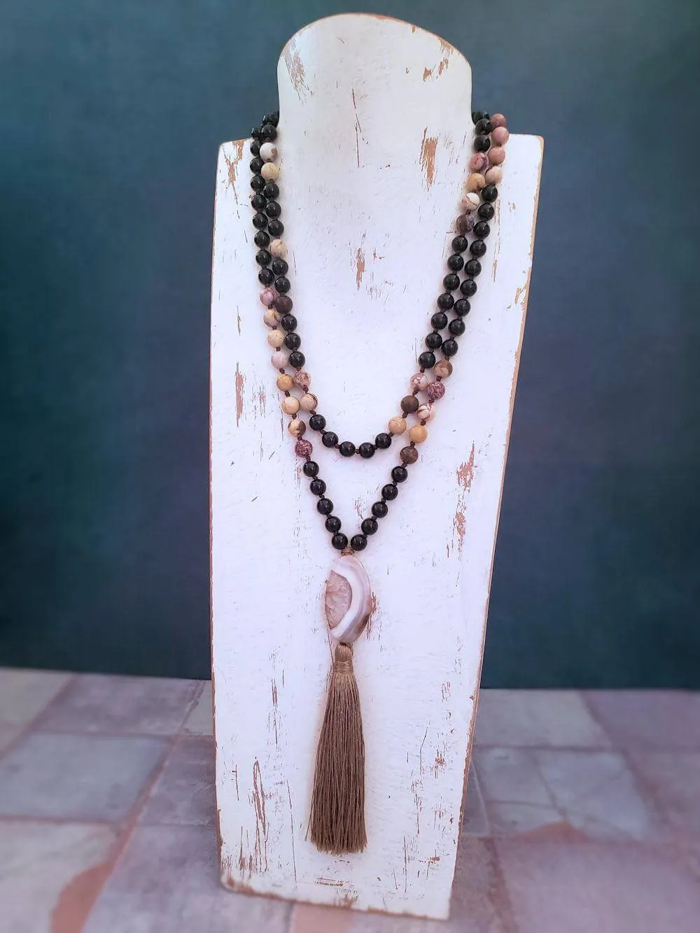 Agate Slice Mala Necklace - Onyx and Brown Zebra Jasper