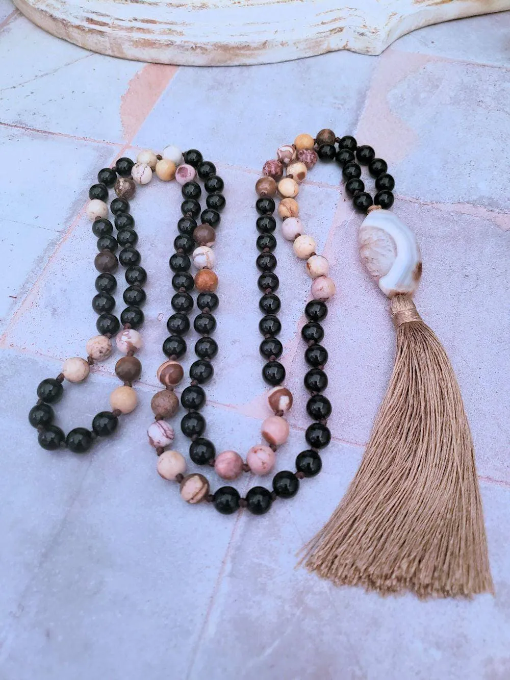 Agate Slice Mala Necklace - Onyx and Brown Zebra Jasper