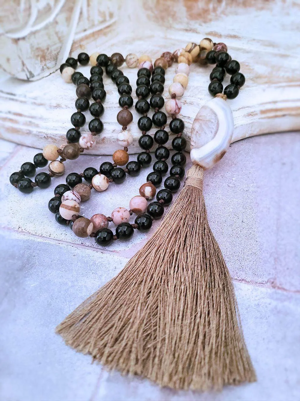 Agate Slice Mala Necklace - Onyx and Brown Zebra Jasper