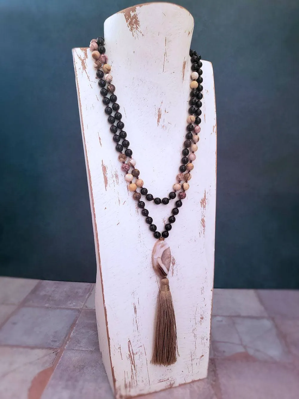 Agate Slice Mala Necklace - Onyx and Brown Zebra Jasper