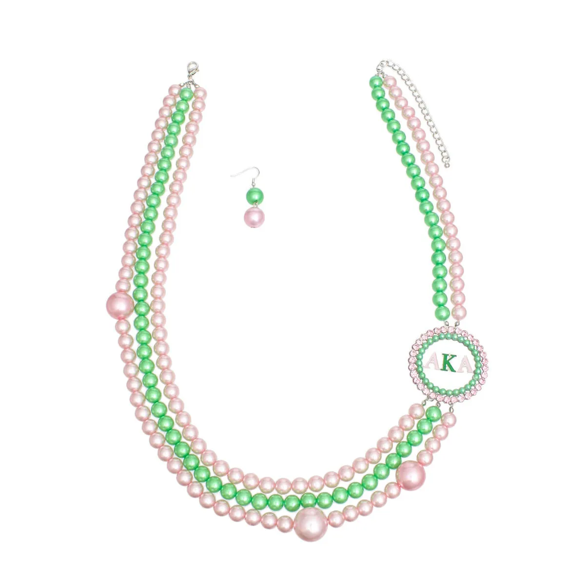 AKA Sorority Inspired Pink Green Pearl Long Brooch Necklace