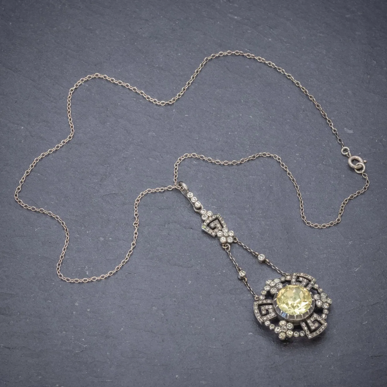 Antique Georgian Yellow Paste Stone Drop Pendant Necklace Silver Circa 1800