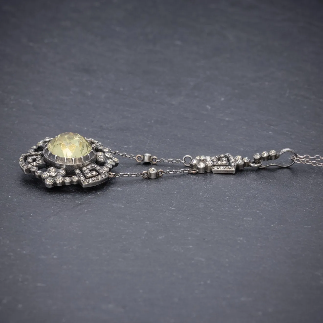 Antique Georgian Yellow Paste Stone Drop Pendant Necklace Silver Circa 1800