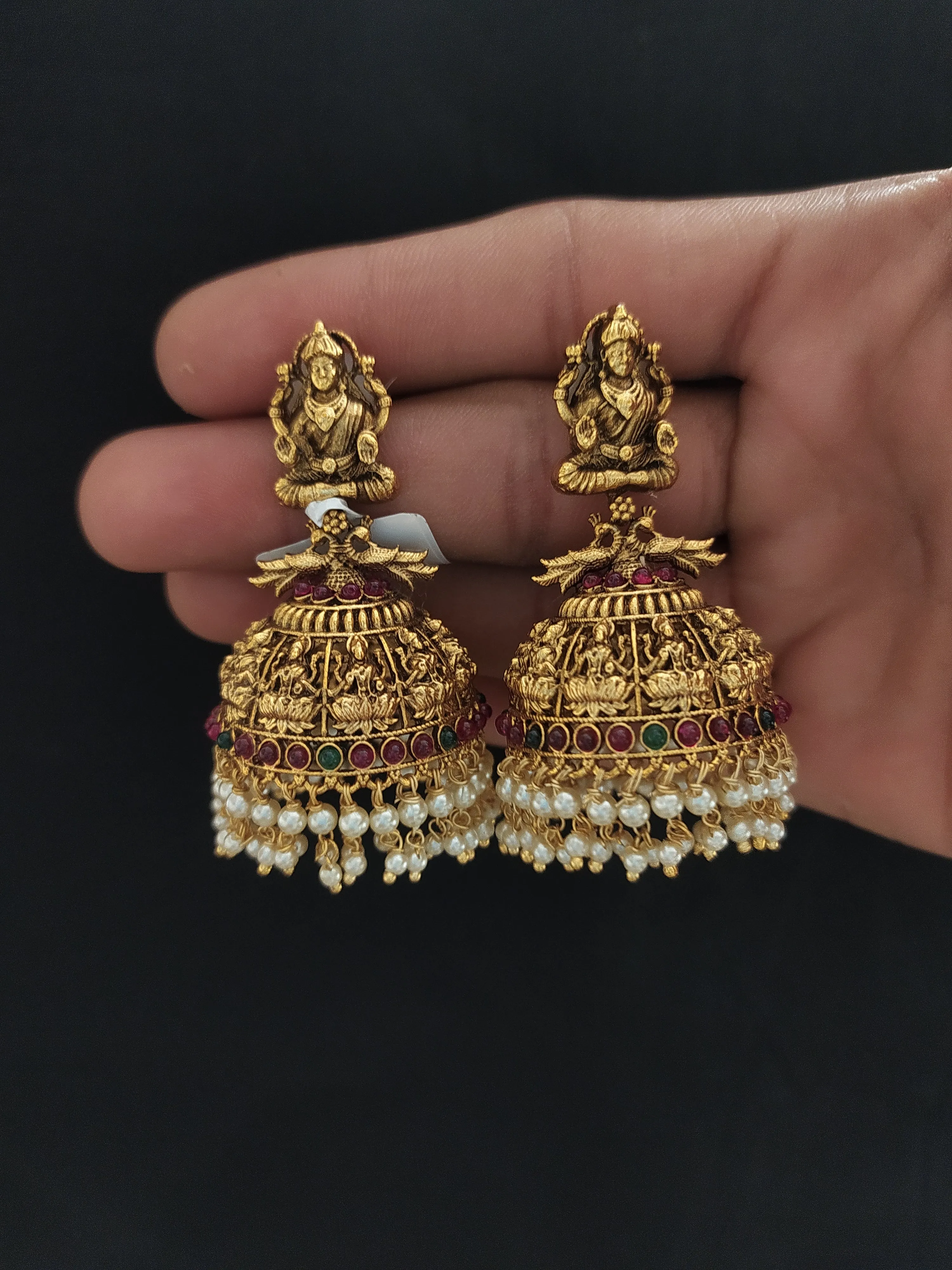 Antique Lakshmi Studded Jhumki with Pearl Drops