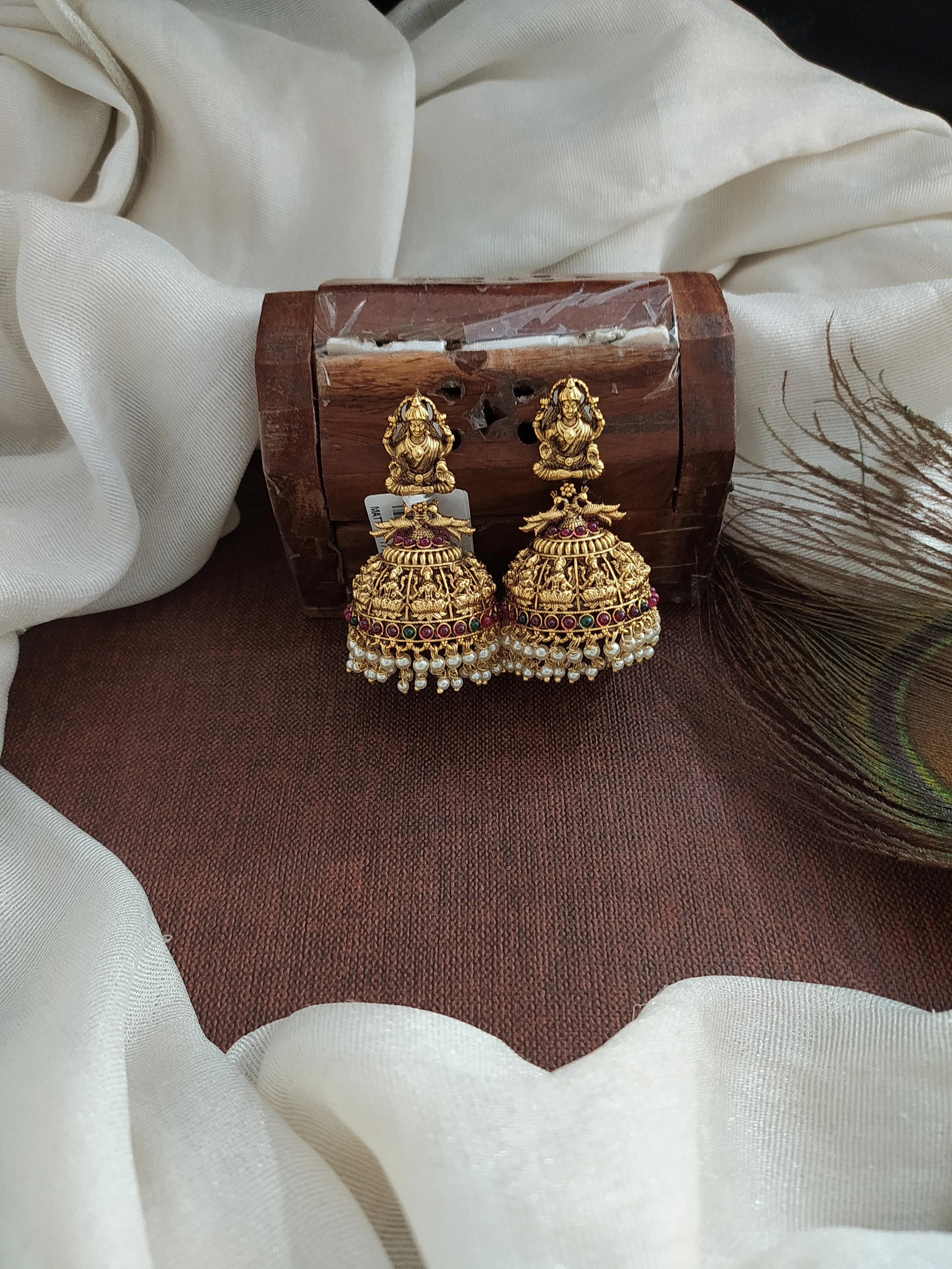 Antique Lakshmi Studded Jhumki with Pearl Drops