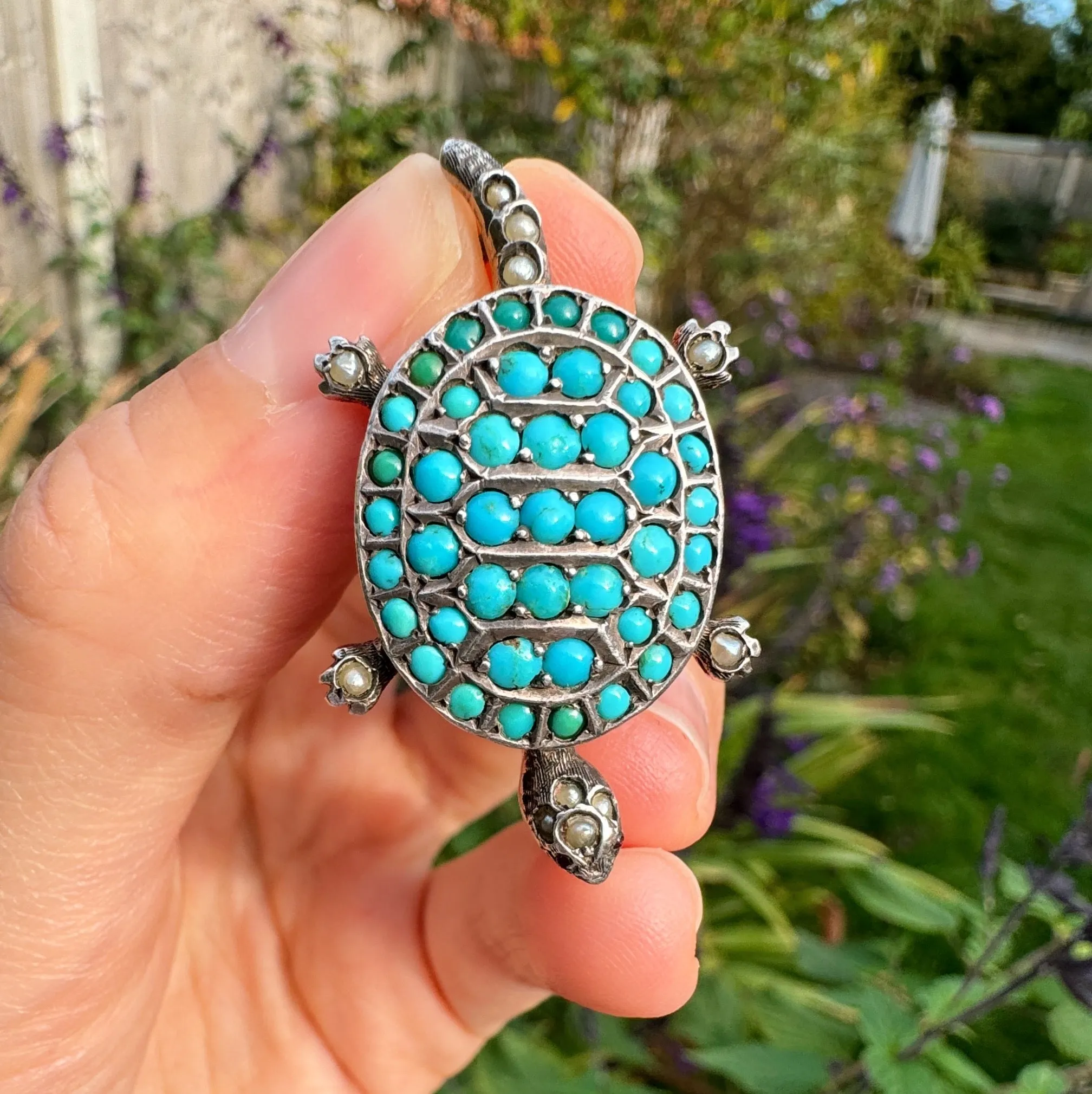 Antique Russian Silver Turquoise & Pearl Tortoise Locket Pendant