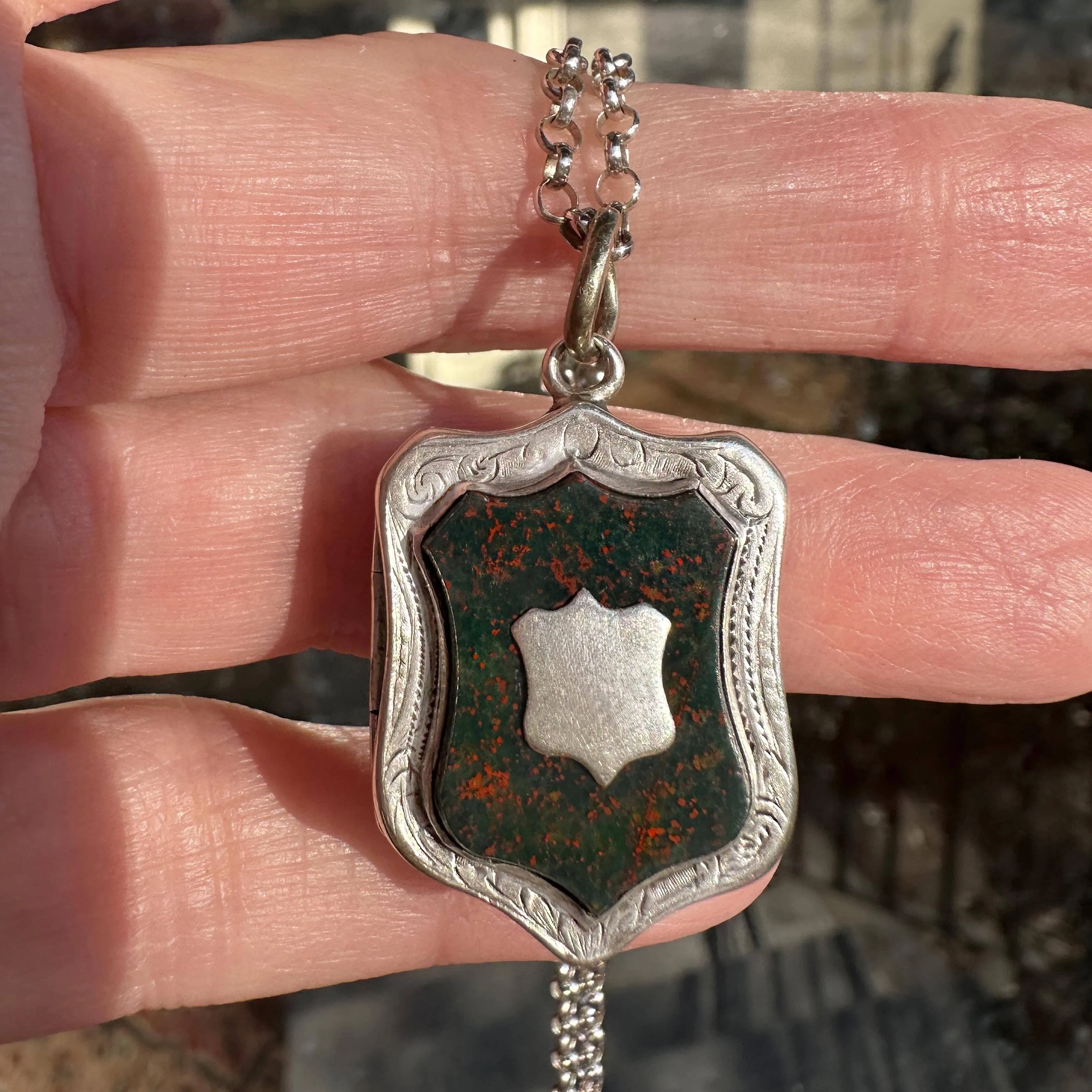 Antique Victorian Bloodstone Carnelian Shield Locket Necklace