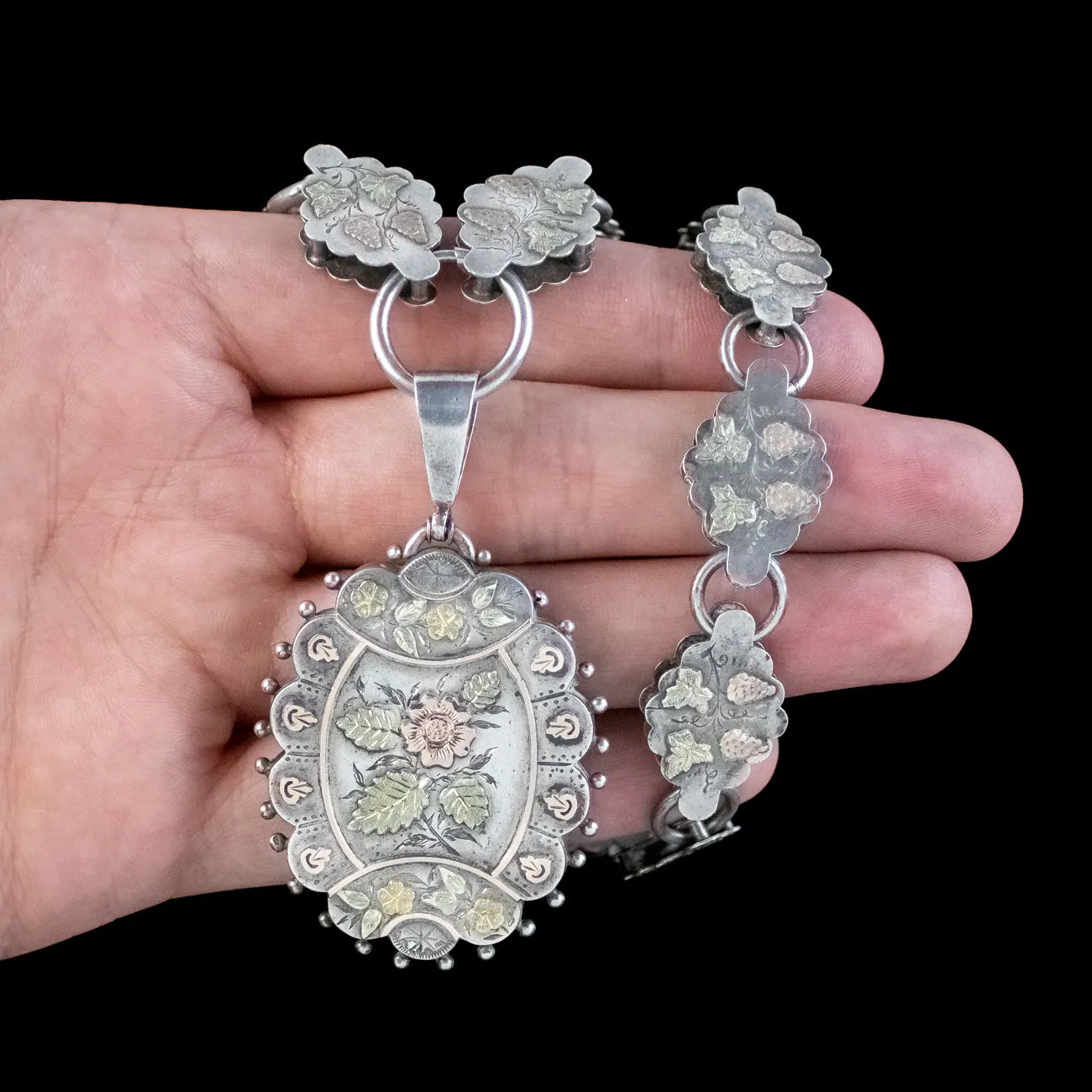 Antique Victorian Floral Locket And Collar Necklace Sterling Silver Dated 1881