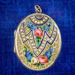 Antique Victorian Floral Pearl Enamel Locket 9ct Gold Circa 1880