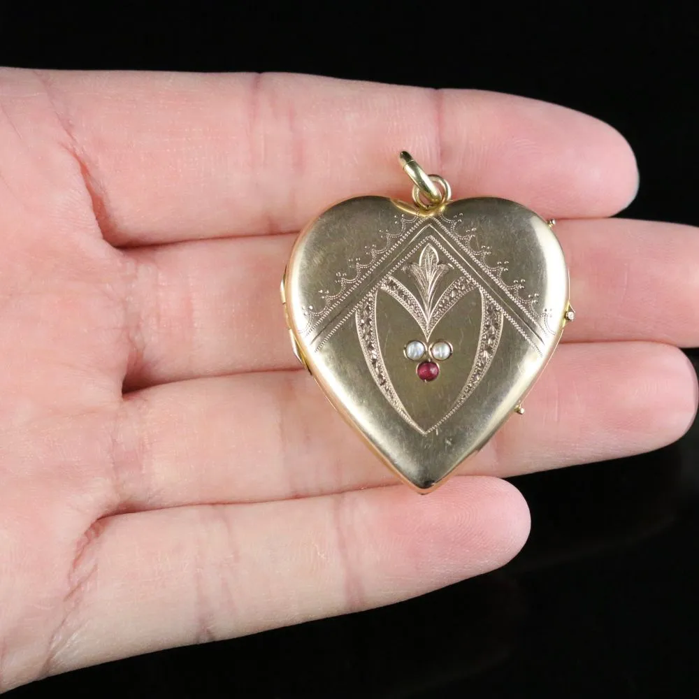 Antique Victorian Gold Heart Locket Ruby Pearl Circa 1880