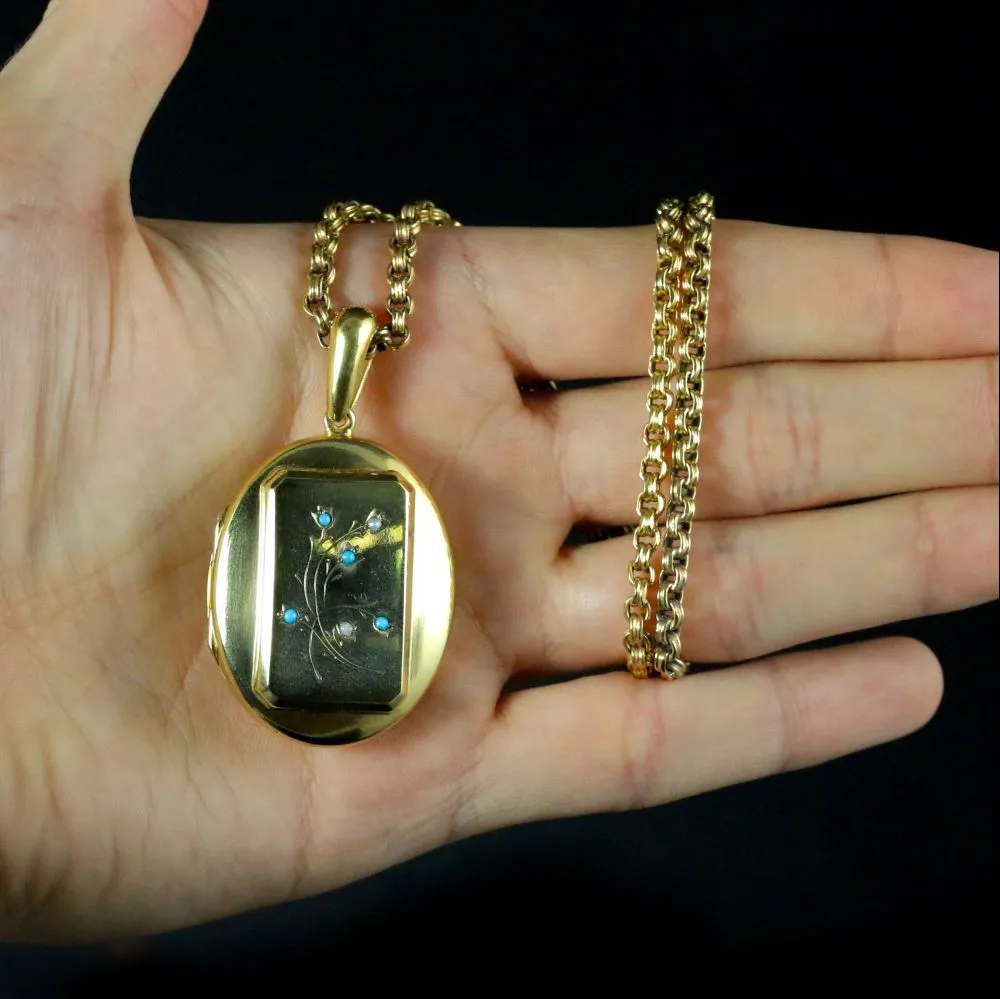 Antique Victorian Gold Locket And Necklace Turquoise Stones Circa 1880