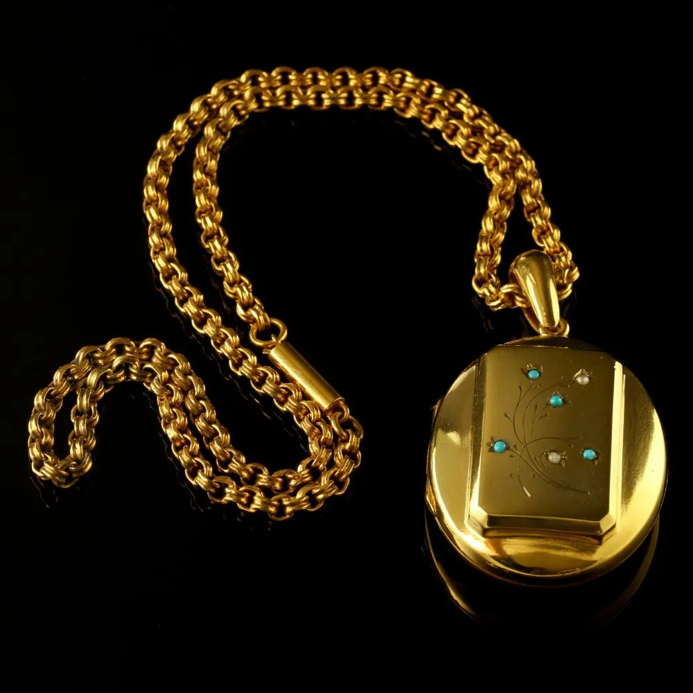 Antique Victorian Gold Locket And Necklace Turquoise Stones Circa 1880